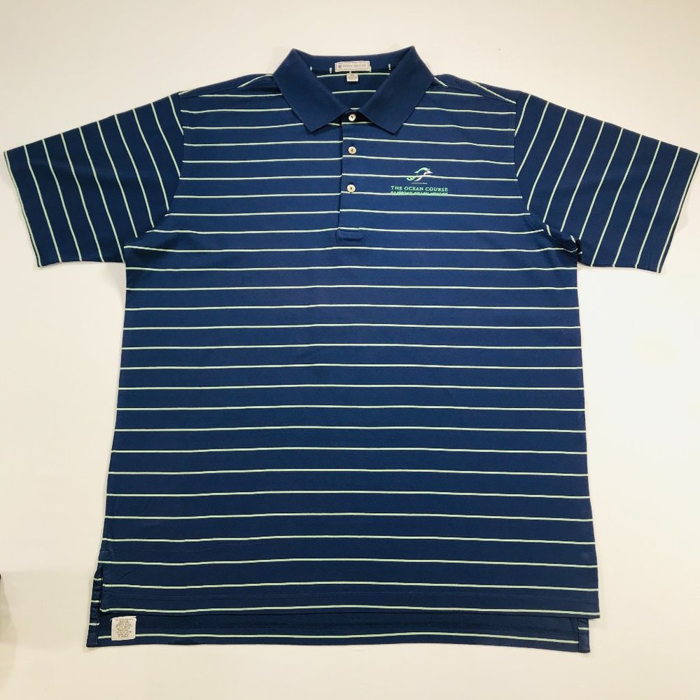 Peter Millar Navy Blue W/ Green Stripes Golf Polo Shirt Men's Size XL in EUC